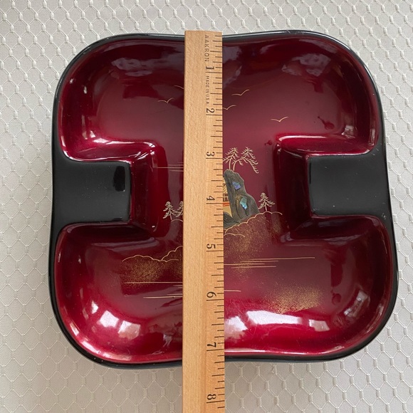 VINTAGE Burgundy & BLACK CERAMIC Oriental ASHTRAY SQUARE MID CENTURY - Picture 2 of 7